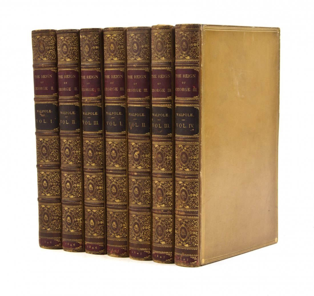 (BINDINGS, ZAEHNSDORF) WALPOLE, HORACE. Two sets of wor: (BINDINGS, ZAEHNSDORF) WALPOLE, HORACE Memoirs of the Reign of King George the Second, 3 vols., and the Third, 4 vols. London: Richard Bentley and Henry Colburn, 1845-1846. 7 vols. total. 8vo, un