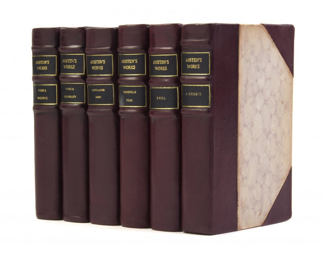 (COLLECTED WORKS) AUSTEN, JANE. London, 1882. 6 vols.: (COLLECTED WORKS) AUSTEN, JANE Works. London: Richard Bentley and Son, 1882. 6 vols. 8vo, 3/4 maroon morocco over decorative boards, title in gilt to black leather spine labels, t.e.g. Light edgewear;