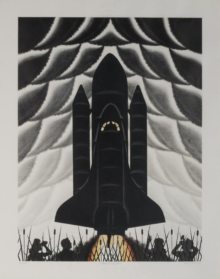Roger Brown (American, 1941-1997) Cathedrals of Space, 1983: Roger Brown (American, 1941-1997) Cathedrals of Space, 1983 lithograph and silkscreen on paper signed, titled, dated, and numbered 29/65 in pencil 40 x 30 inches. This lot is located in Chicago. Print