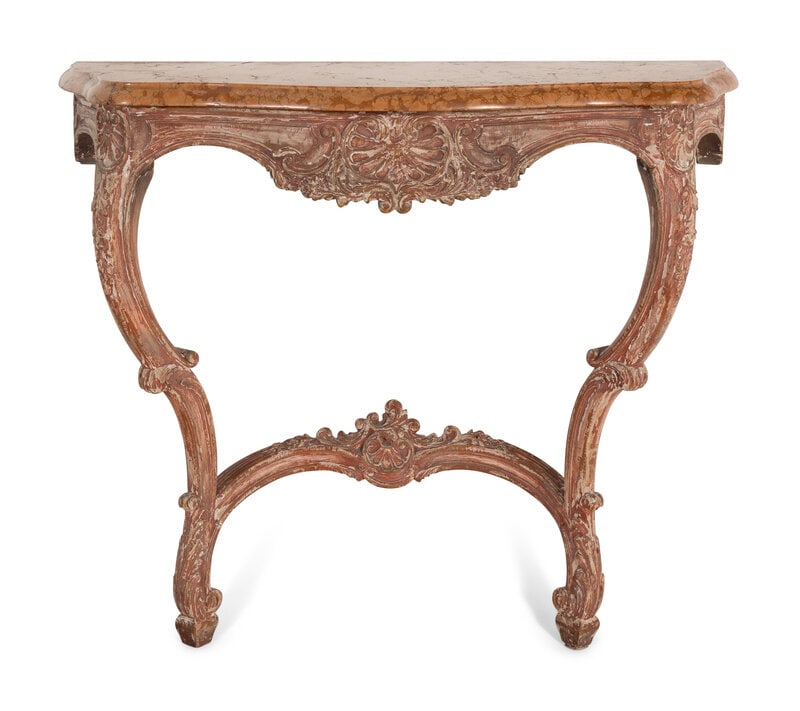 A Louis XV Style Painted and Marble-Top Console Table: A Louis XV Style Painted and Marble-Top Console Table 20th Century Height 34 1/4 x width 39 1/2 x depth 15 1/2 inches. Property from a Private Collection This lot is loc