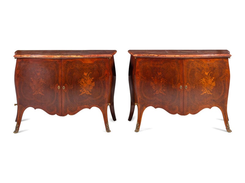 A Pair of Louis XV Style Marquetry Marble-Top Bombé Cabinets: A Pair of Louis XV Style Marquetry Marble-Top Bombé Cabinets 20th Century Height 34 x width 46 x depth 21 inches. Property from the Collection of Catharine and David Hamilton