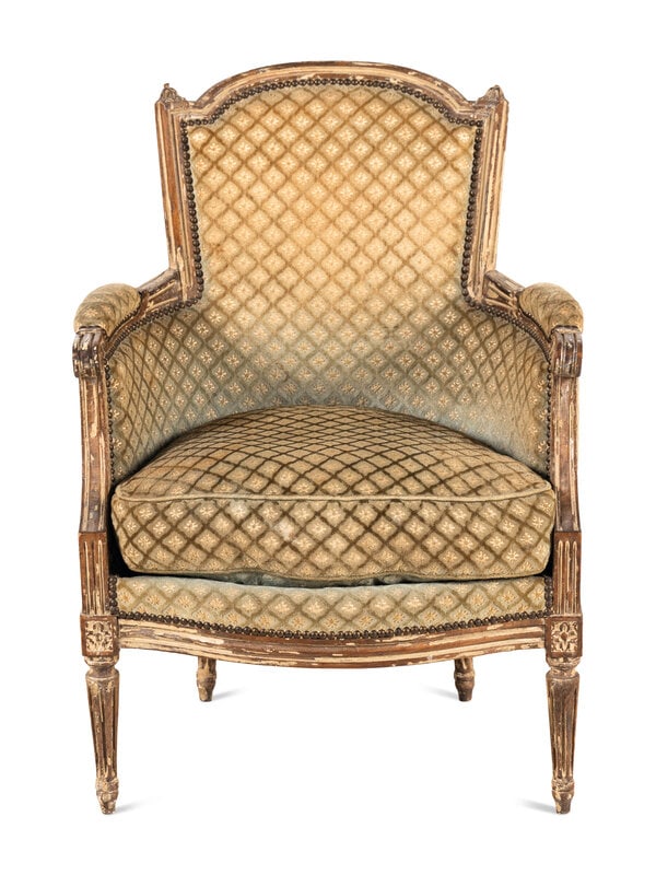 A Louis XVI Painted Beechwood Bergère : A Louis XVI Painted Beechwood Bergère 18th Century Height 36 x width 27 x depth 25 inches. Property from the Collection of Catharine and David Hamilton, Chicago, Illinois</