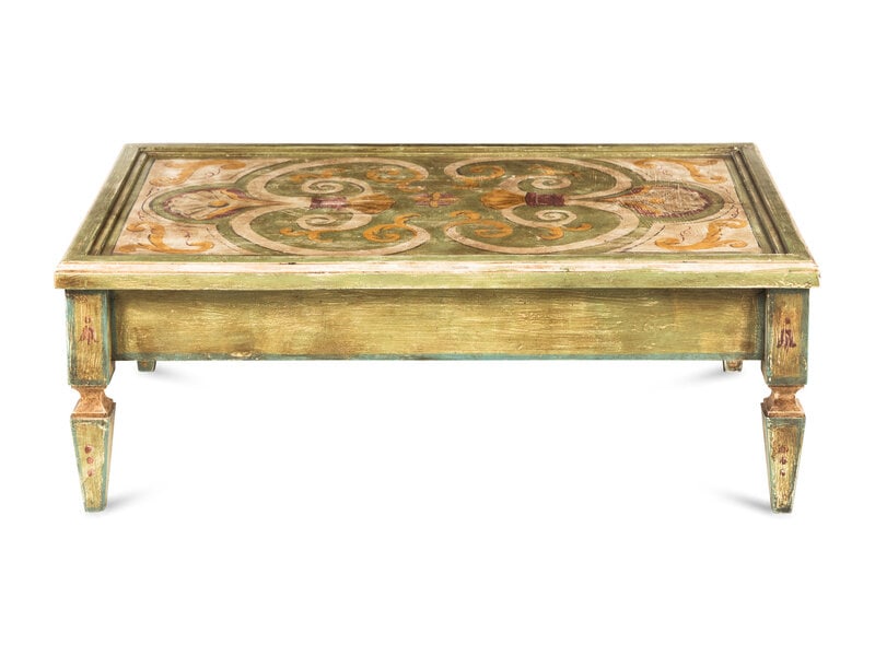An Italian Painted Low Table: An Italian Painted Low Table 20th Century Height 19 x width 51 x depth 29 1/2 inches. Property from the Collection of Catharine and David Hamilton, Chicago, Illinois This lot is