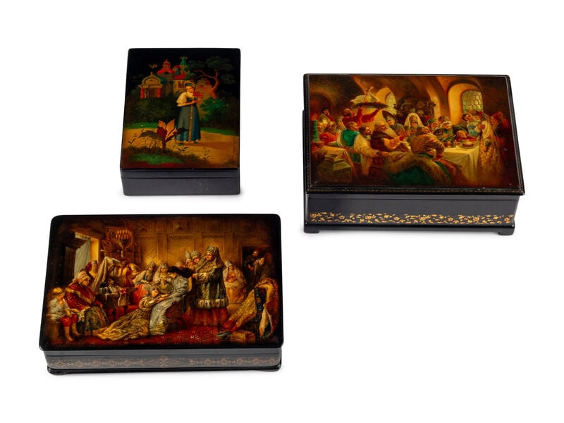 A Set of Three Large Fedoskino Lacquer Boxes (1 of 6)