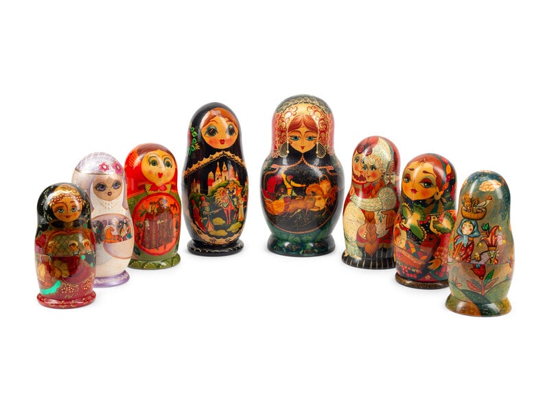 A Collection of Eight Russian Lacquer Matryoshka Nesting Dolls: A Collection of Eight Russian Lacquer Matryoshka Nesting Dolls 20th Century Height of tallest 12 ½ inches. This lot is located in Chicago.