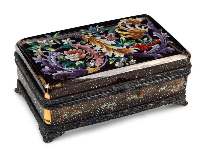 A Bohemian Enamel Decorated Amber Glass Table Casket (1 of 6)
