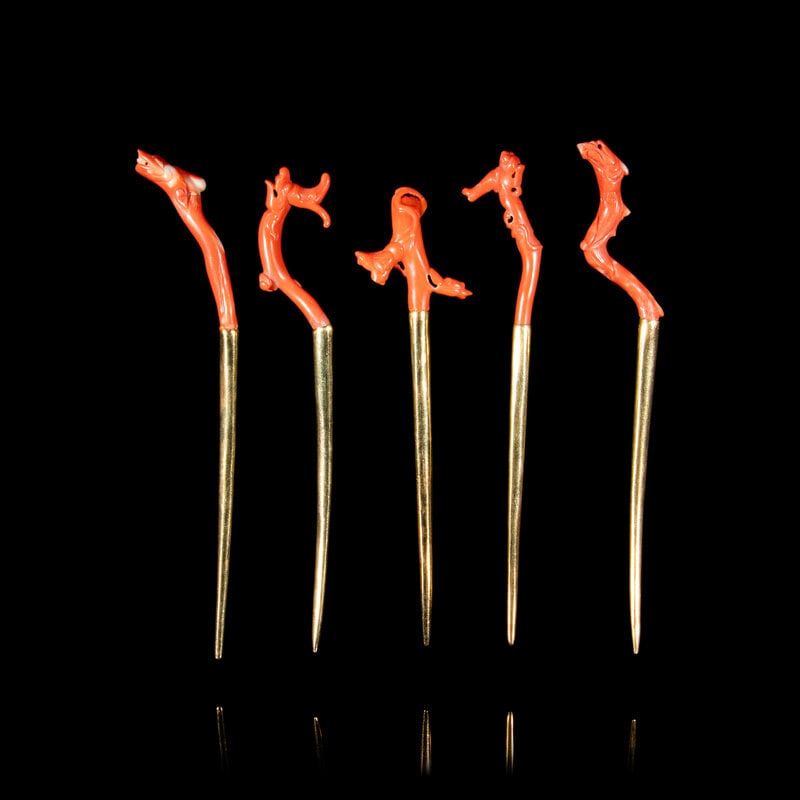 Five Red Coral Mounted 24K Gilt Hairpins, Zan, 20th Century (1 of 2)