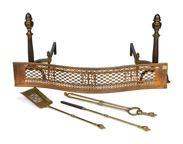 A George III Brass Fireplace Fender and Andirons