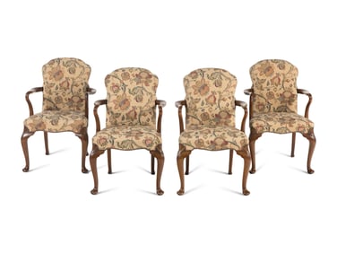 A Set of Four Queen Anne Style Walnut Armchairs