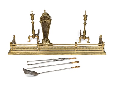 An English Brass Fireplace Fender, Screen and Andirons