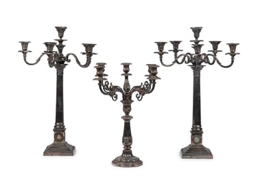 A Group of Three English Silver-Plate Candelabra