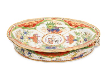 A Chamberlain Worcester Dragons in Compartments Porcelain Well-and-Tree Meat Platter and Chafing
