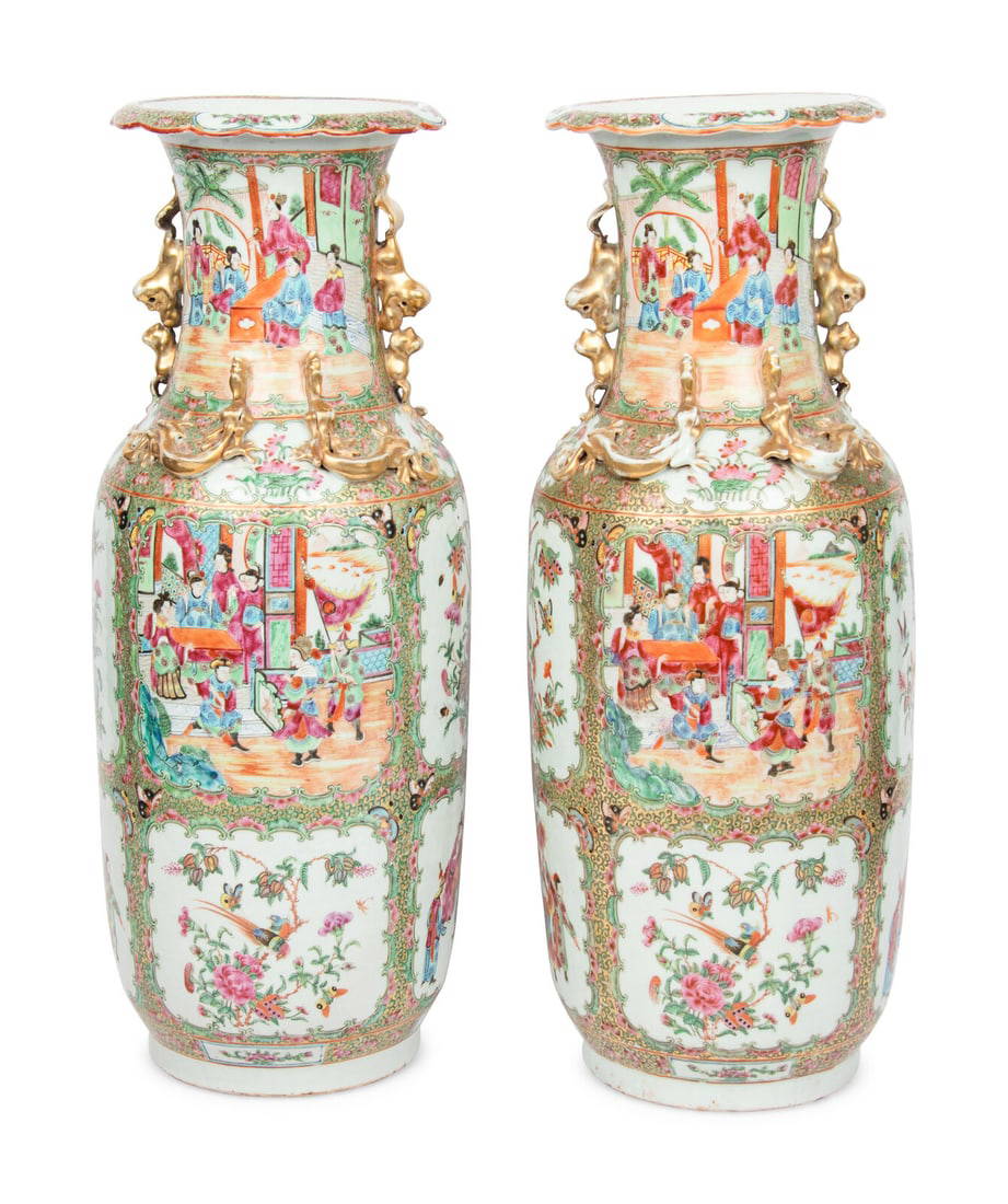 A Pair of Chinese Export Rose Medallion Porcelain Vases