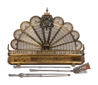 An English Brass Fireplace Fender and Fire Screen