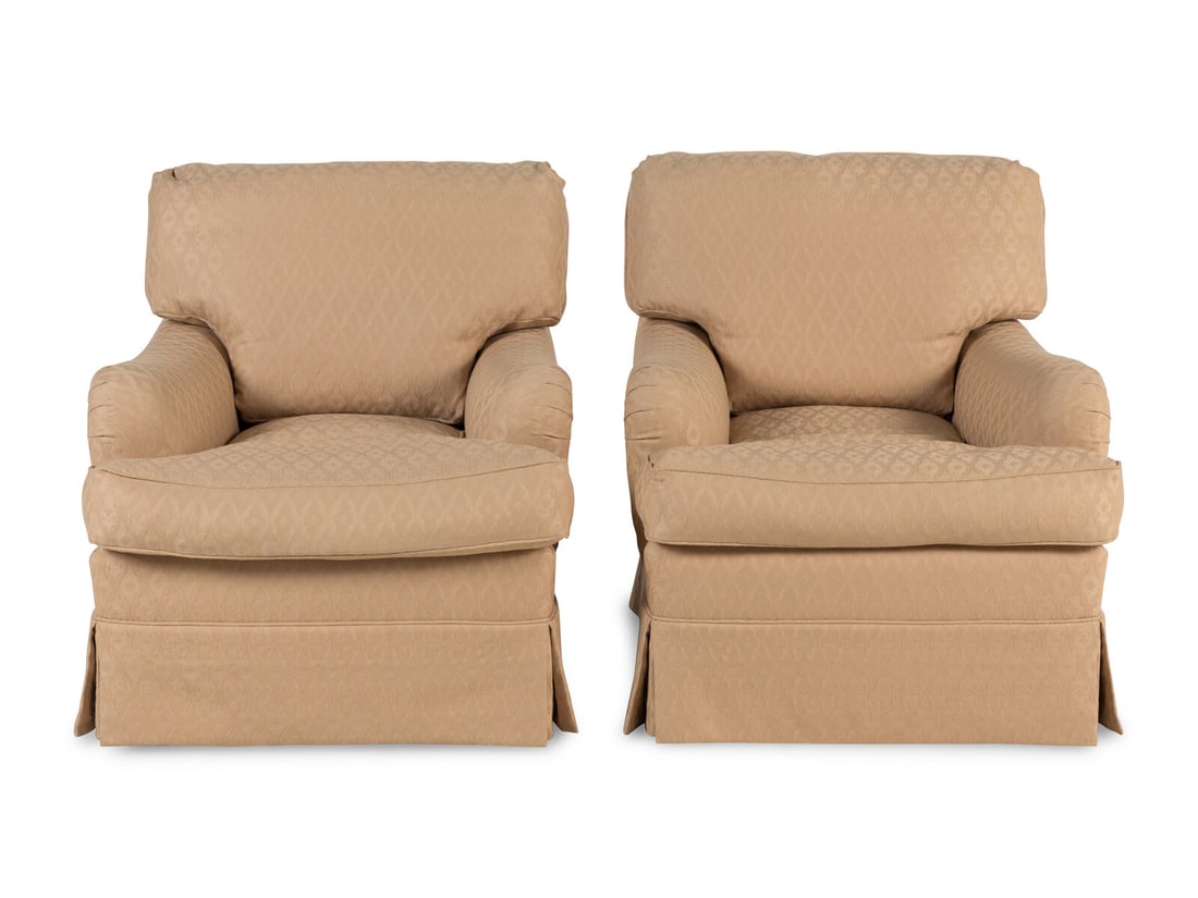 A Pair of George Smith Upholstered Armchairs: A Pair of George Smith Upholstered Armchairs 20th Century Height 31 1/2 x width 31 x depth 42 inches. This lot is located in Chicago.