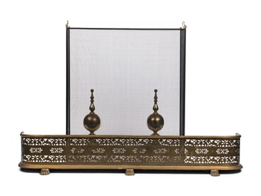 An English Brass Fireplace Fender and Pair of Andirons