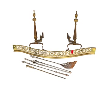 An English Brass Fireplace Fender and Pair of Andirons