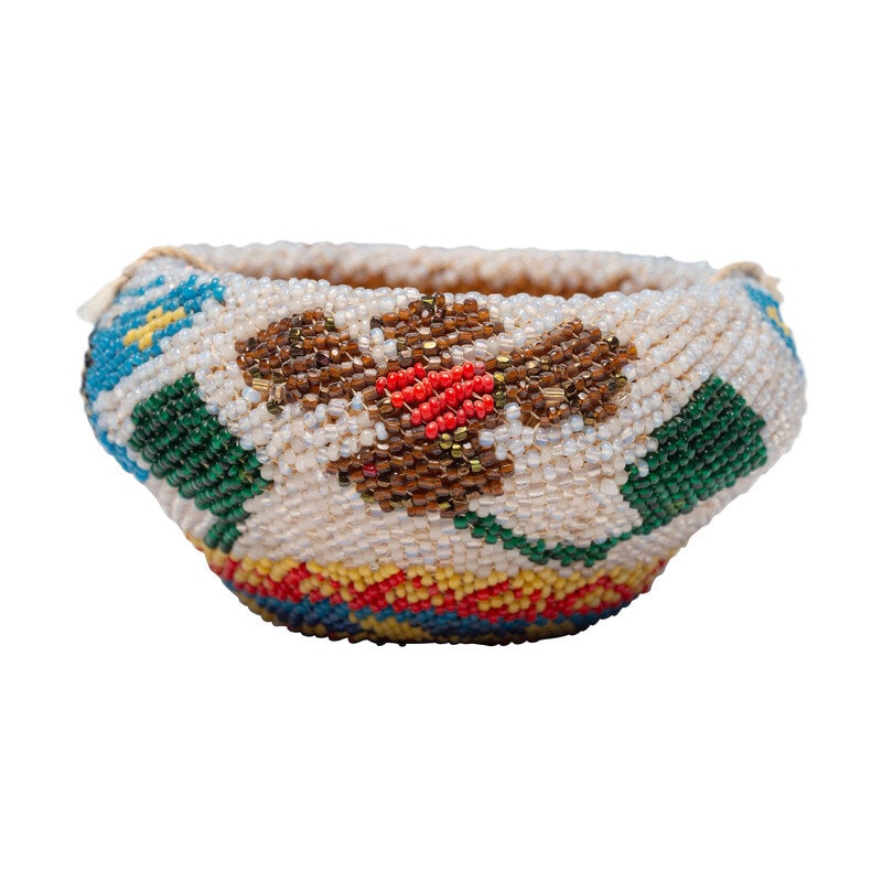 Washoe Beaded Bowl, Butterflies and Flowers: Washoe Beaded Bowl, Butterflies and Flowers mid-20th century height 2-1/4 inches x diameter 4 inches The Emily T. and Adolphus Andrews Collection of Native American Art