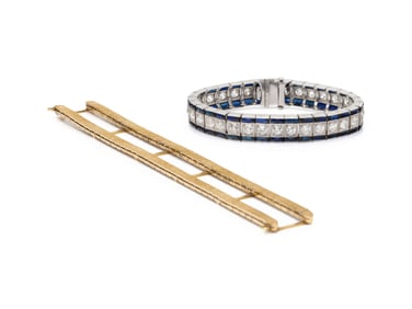 ART DECO, DIAMOND AND SYNTHETIC SAPPHIRE LINE BRACELET WITH LATER JACKET