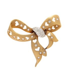 SATIN FINISH BICOLOR GOLD AND DIAMOND BOW BROOCH