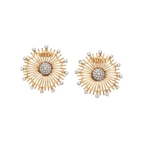 PAIR OF YELLOW GOLD AND DIAMOND BROOCHES