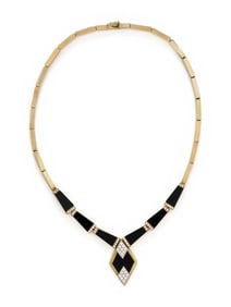 YELLOW GOLD, ONYX, AND DIAMOND NECKLACE