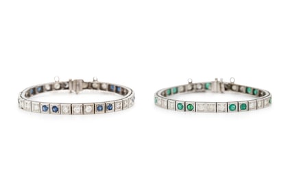 PAIR OF WHITE GOLD, DIAMOND AND GEMSTONE LINE BRACELETS