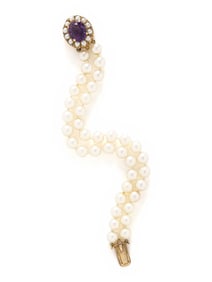 AMETHYST, CULTURED PEARL, AND YELLOW GOLD BRACELET