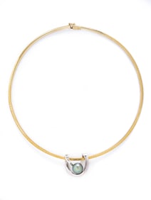 BICOLOR GOLD, CULTURED PEARL, AND DIAMOND NECKLACE