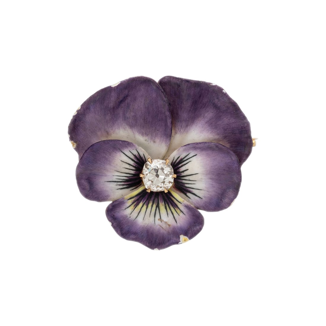 ENAMEL AND DIAMOND PANSY PIN: ENAMEL AND DIAMOND PANSY PIN Old mine cut diamond weighing approximately 0.50 carat. Yellow gold. 1 1/4 x 1 1/4 inches. Gross weight: 5.20 dwt. Jewelry from the Estate of Carol Hardin Davis This lot i