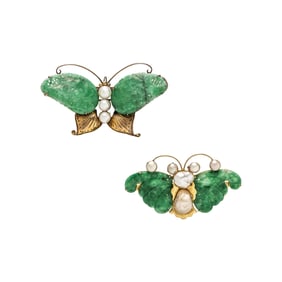 TWO JADE AND CULTURED PEARL BUTTERFLY BROOCHES