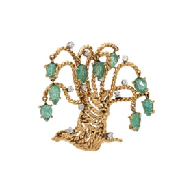YELLOW GOLD, CARVED EMERALD, AND DIAMOND PIN