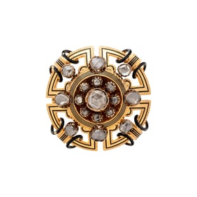 ANTIQUE, YELLOW GOLD, DIAMOND, AND ENAMEL BROOCH