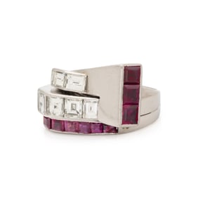 ART DECO, RUBY, DIAMOND, AND PLATINUM RING