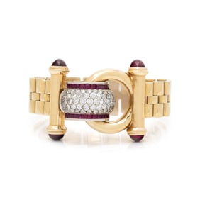 VAN DELL, YELLOW GOLD, DIAMOND, AND RUBY BRACELET