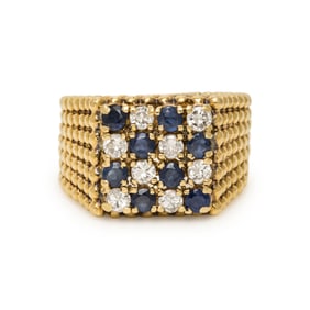 DIAMOND, SAPPHIRE, AND YELLOW GOLD RING