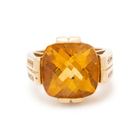 CITRINE, DIAMOND, AND YELLOW GOLD RING