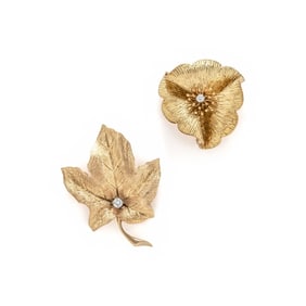 TWO YELLOW GOLD AND DIAMOND BROOCHES