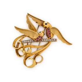 YELLOW GOLD AND MULTIGEM LOVEBIRDS BROOCH