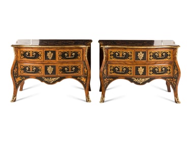 A Pair of Louis XIV Style Gilt Bronze Mounted Marquetry Commodes