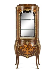 A Louis XV Style Gilt Bronze Mounted Mahogany and Marquetry Vitrine Cabinet