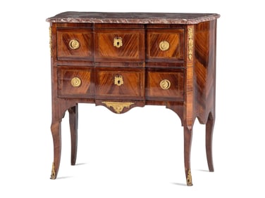 A Louis XV / XVI Transitional Style Parquetry Marble-Top Commode