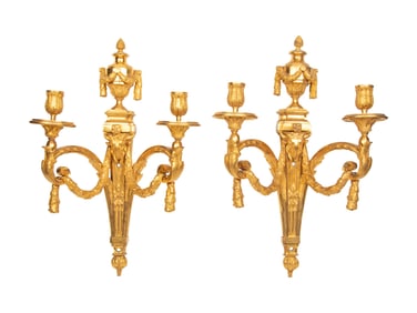 A Pair of Louis XV/XVI Transitional Gilt Bronze Two-Light Wall Sconces