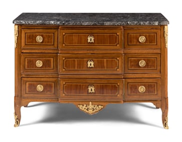 A Louis XV/XVI Transitional Gilt Bronze Mounted Walnut Marble-Top Commode