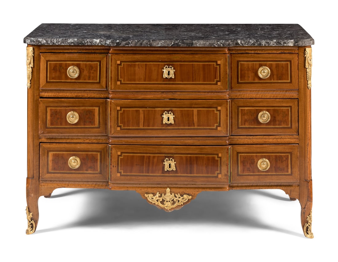 A Louis XV/XVI Transitional Gilt Bronze Mounted Walnut Marble-Top Commode (1 of 5)
