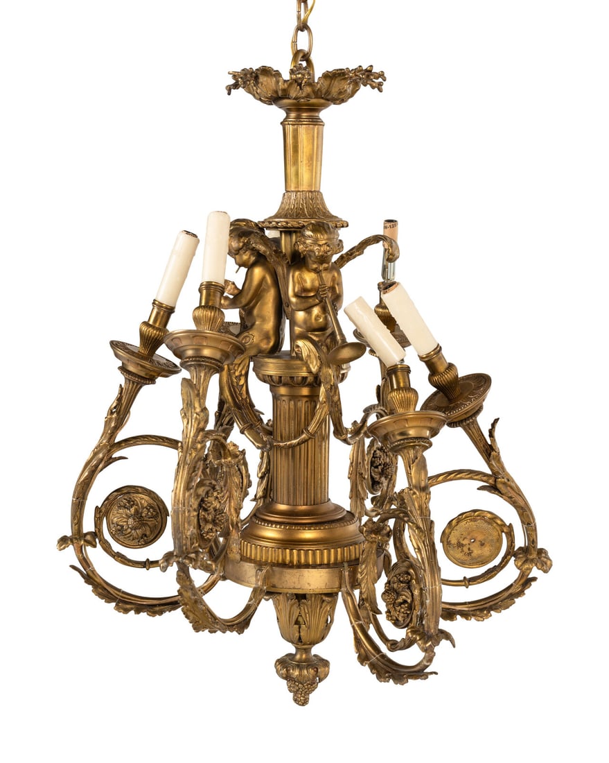 A Louis XVI Style Gilt Metal Six-Light Chandelier: A Louis XVI Style Gilt Metal Six-Light Chandelier Late 19th/Early 20th Century Height 34 x diameter 25 inches. Property of a California Collector This lot is located in Chicago. Provenance: Bonhams, L