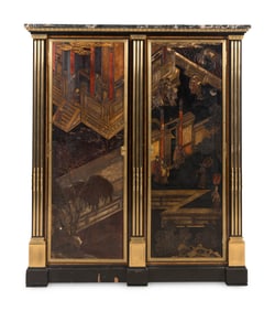 A Louis XVI Style Part Ebonized Amboyna, Chinese Lacquer and Gilt Bronze Mounted Cabinet
