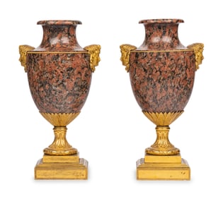 A Pair of Louis XVI Gilt Bronze Mounted Granito Rosso Vases