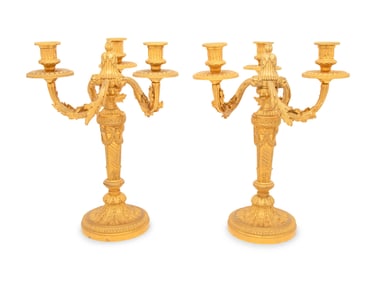 A Pair of Louis XVI Style Gilt Bronze Three-Light Candelabra