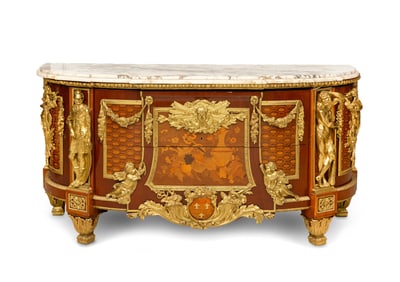 A Louis XVI Style Gilt Bronze Mounted Marquetry Commode